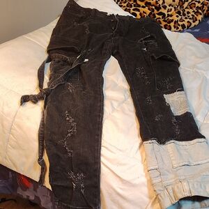 Distressed Black and Gray Cargo Pants